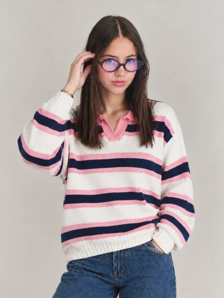 SWEATER CAMISERO A RAYAS ROSADO